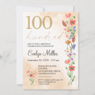 Blumenmuster 100. Geburtstag - Goldene Wildblumen  Einladung
