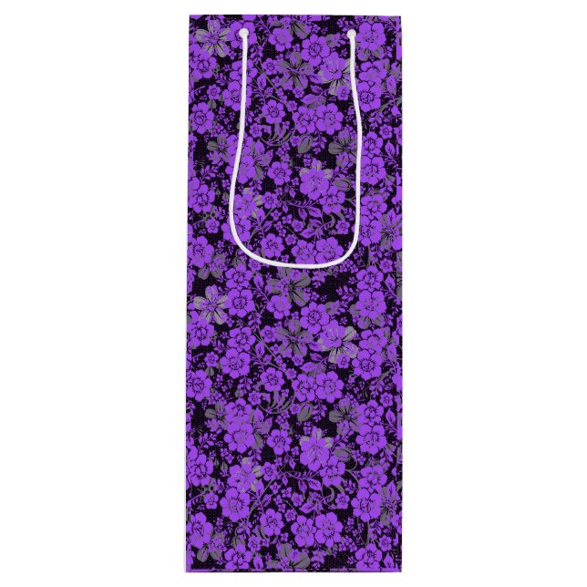 Blumenmuster 15.Lila.b Schwarze BG Geschenktüte Für Weinflaschen (Vorderseite)