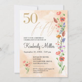 Blumenmuster 50. Geburtstag - Elegantes Wasserfarb Einladung