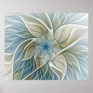 Blumenmuster-Abstract Blau-Khaki-Fraktal Poster