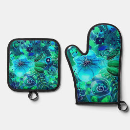 Blumenmuster Abstraktes Muster Blau Grüne Aquamari Ofenhandschuh & Topflappen-Set