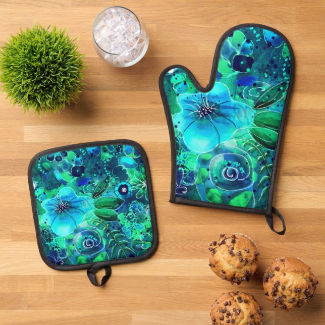 Blumenmuster Abstraktes Muster Blau Grüne Aquamari Ofenhandschuh & Topflappen-Set (Oben Unten)