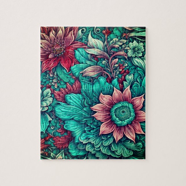 Blumenmuster, Aqua, Aquamarin, Türkis und Grau (Vertikal)