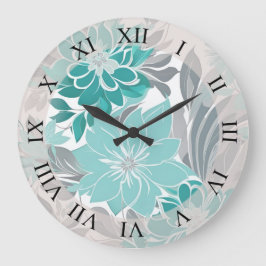 Blumenmuster, Aqua, Aquamarin, Türkis und Grau Große Wanduhr