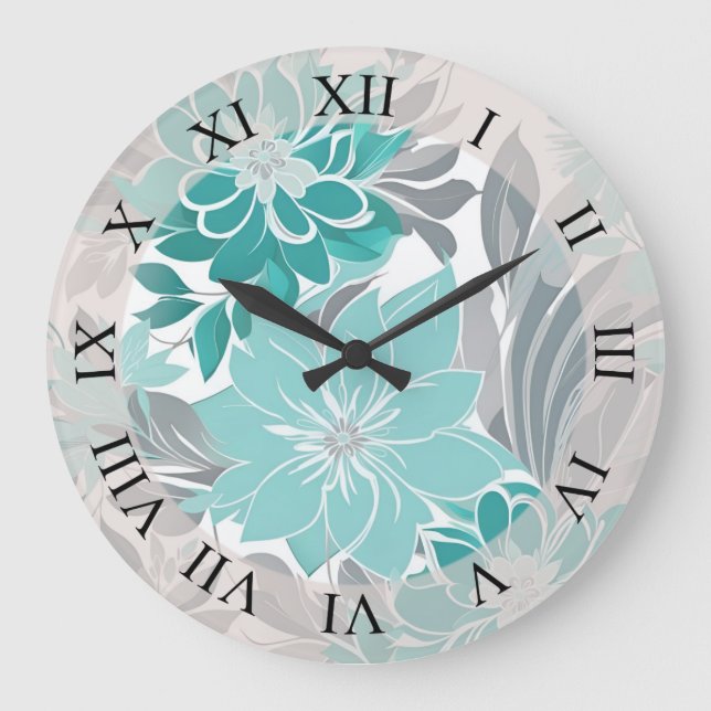 Blumenmuster, Aqua, Aquamarin, Türkis und Grau Große Wanduhr (Vorderseite)