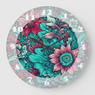 Blumenmuster, Aqua, Aquamarin, Türkis und Grau Große Wanduhr