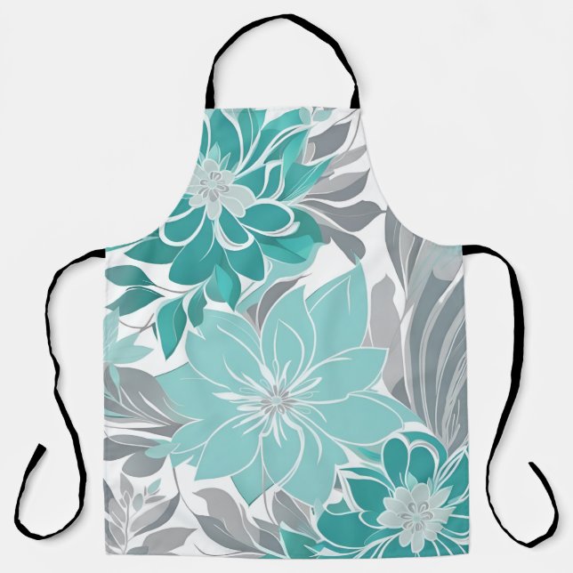Blumenmuster, Aqua, Aquamarin, Türkis und Grau Schürze (Vorderseite)
