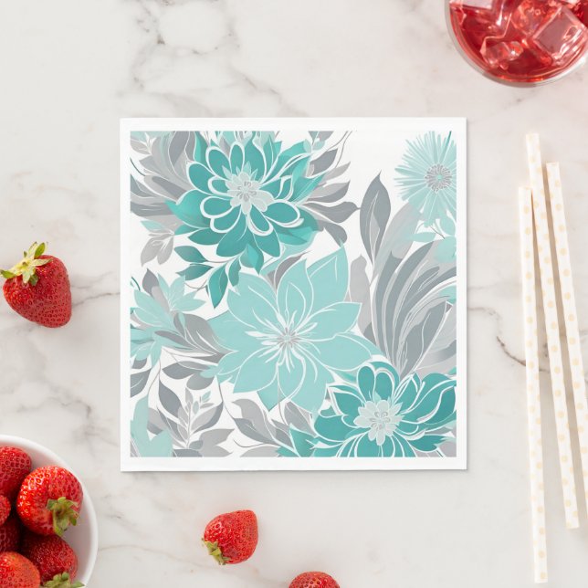Blumenmuster, Aqua, Aquamarin, Türkis und Grau Serviette (Beispiel)