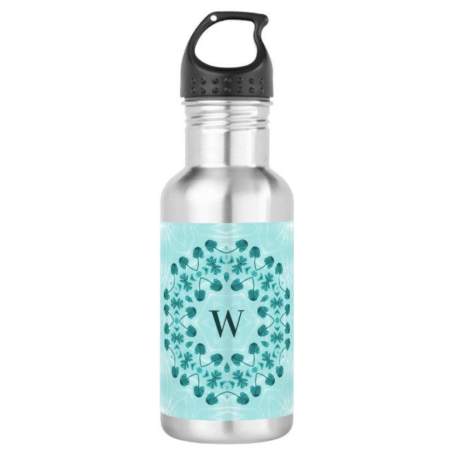 Blumenmuster, Aquamarin Blue Initial Edelstahlflasche (Vorderseite)
