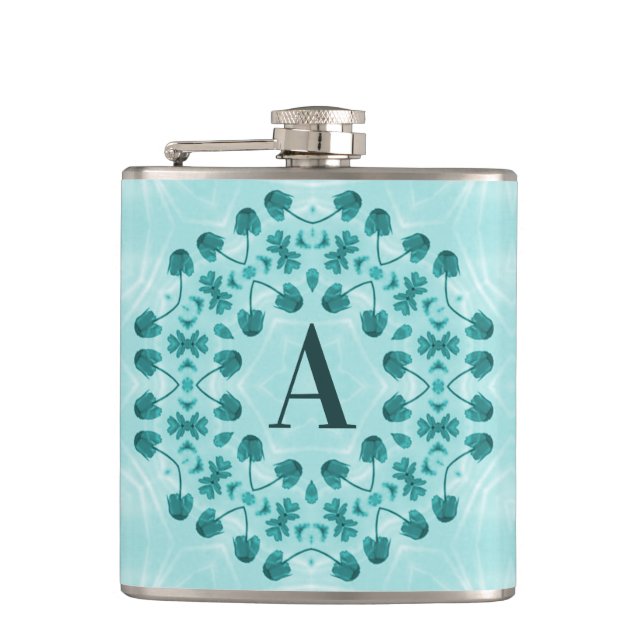 Blumenmuster, Aquamarin Blue Initial Flachmann (Vorderseite)