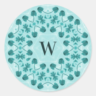 Blumenmuster, Aquamarin Blue Initial Runder Aufkleber