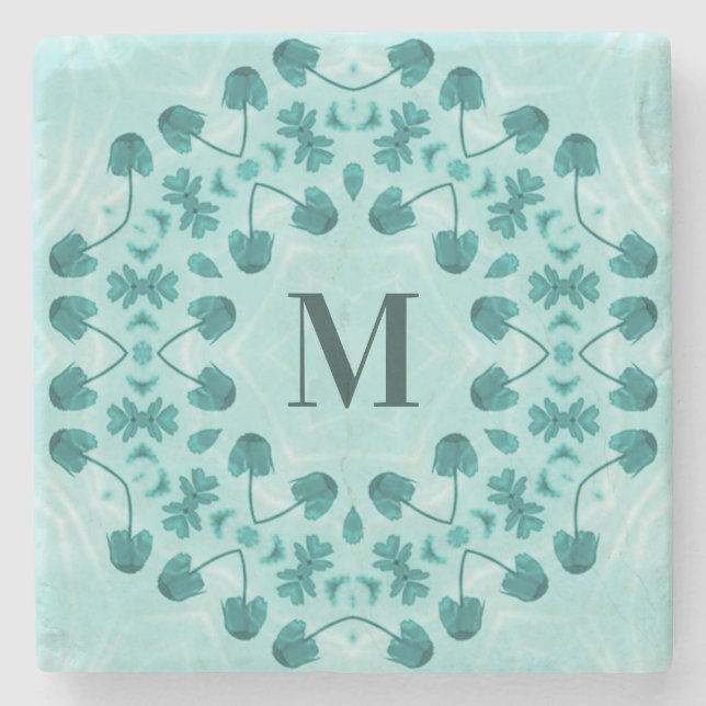 Blumenmuster, Aquamarin Blue Initial Steinuntersetzer (Vorderseite)