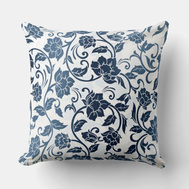 Blumenmuster aquamarin und Marinefarben Kissen (Vorderseite)