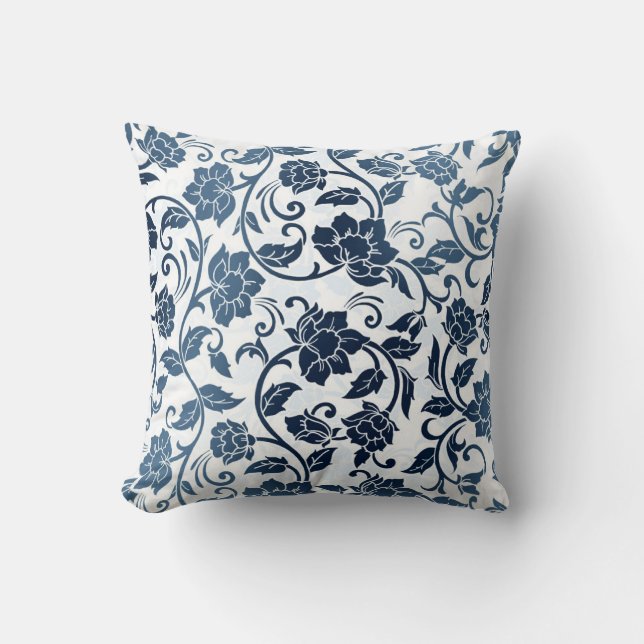 Blumenmuster Aquamarin und Navy Blue Kissen (Vorderseite)