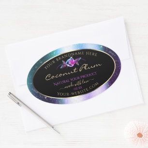Blumenmuster Aquamariner Lila Glitzer Schwarze Pro Ovaler Aufkleber
