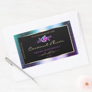 Blumenmuster Aquamariner Lila Glitzer Schwarze Pro Rechteckiger Aufkleber