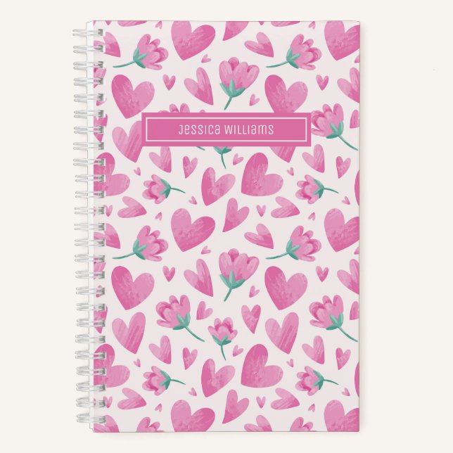 Blumenmuster Aquarell Rosa Blume Niedliches Herz Notizbuch (Vorderseite)