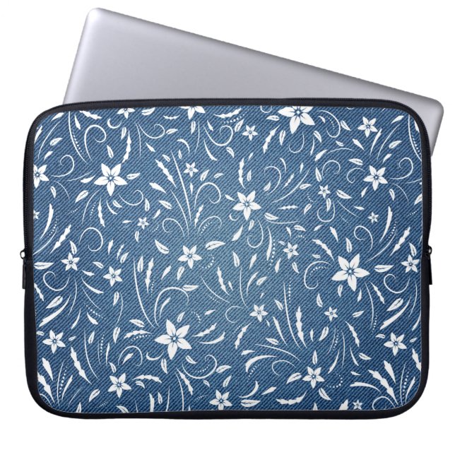 Blumenmuster auf Denim Laptopschutzhülle (Vorderseite)