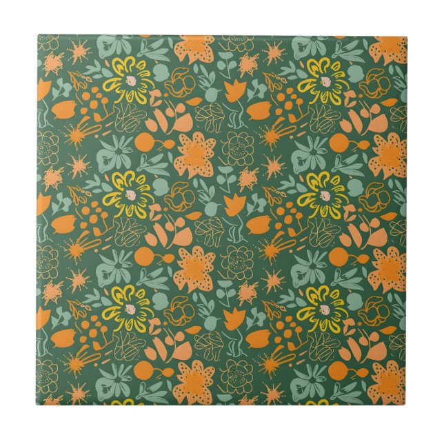 Blumenmuster auf dunkelgrünem Hintergrund  Fliese (Vorderseite)