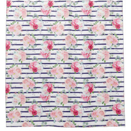 Blumenmuster auf Horizontal Streifen Rose Peony Duschvorhang