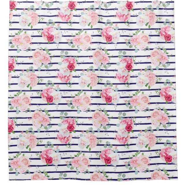 Blumenmuster auf Horizontal Streifen Rose Peony Duschvorhang (Vorderseite)