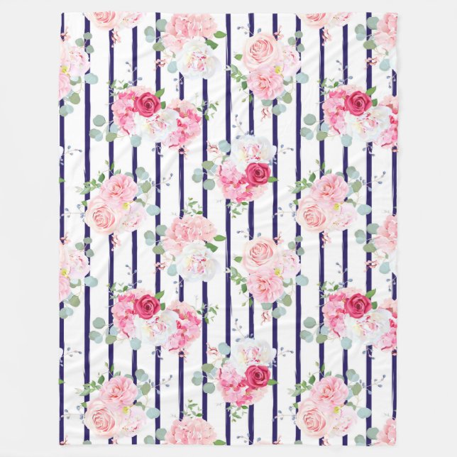 Blumenmuster auf Horizontal Streifen Rose Peony Fleecedecke (Vorderseite)