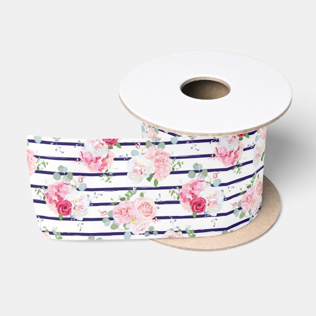 Blumenmuster auf Horizontal Streifen Rose Peony Satinband (Spule)