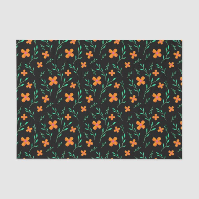 Blumenmuster auf Schwarz Moderne Stilvoll Seidenpapier (Vorderseite)