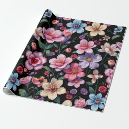 Blumenmuster auf schwarzem Papier Geschenkpapier