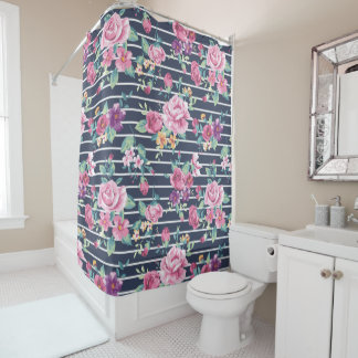 Blumenmuster auf Stripe-Rose Blattrosa Lila Duschvorhang