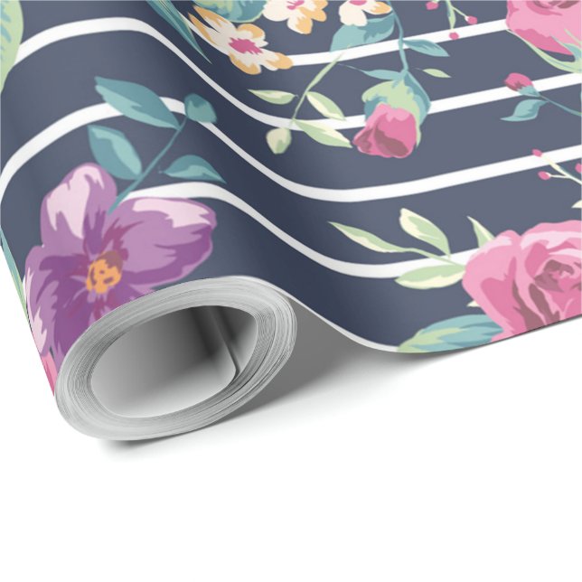 Blumenmuster auf Stripe-Rose Blattrosa Lila Geschenkpapier (Rolleneckpunkt)
