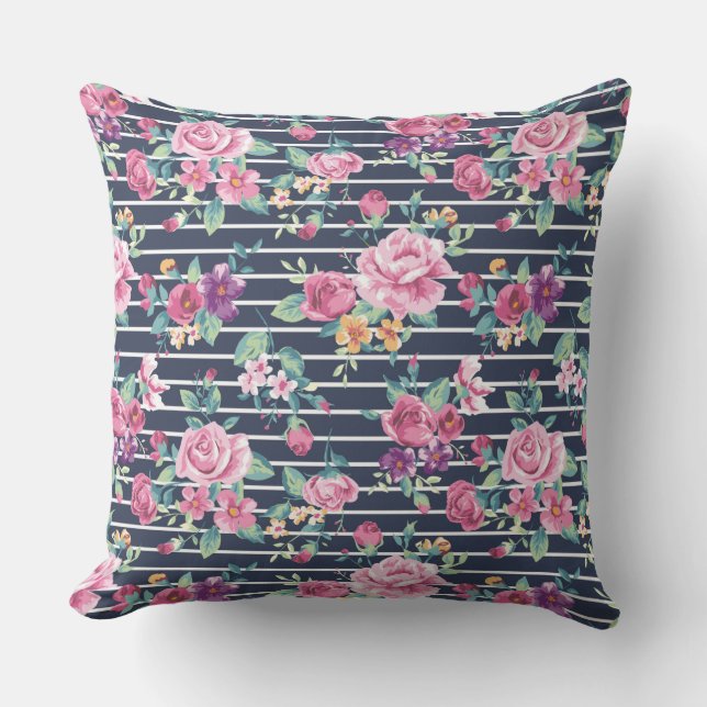 Blumenmuster auf Stripe-Rose Blattrosa Lila Kissen (Vorderseite)