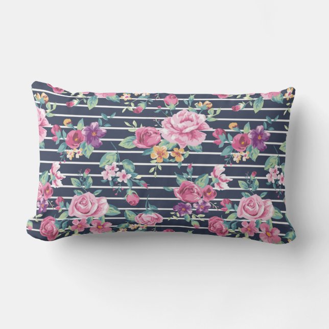 Blumenmuster auf Stripe-Rose Blattrosa Lila Lendenkissen (Vorderseite)