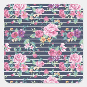 Blumenmuster auf Stripe-Rose Blattrosa Lila Quadratischer Aufkleber