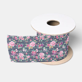Blumenmuster auf Stripe-Rose Blattrosa Lila Satinband