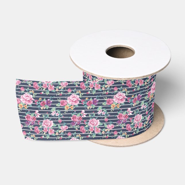 Blumenmuster auf Stripe-Rose Blattrosa Lila Satinband (Spule)