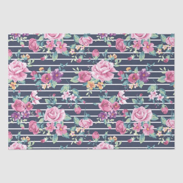 Blumenmuster auf Stripe-Rose Blattrosa Lila Seidenpapier (Vorderseite)