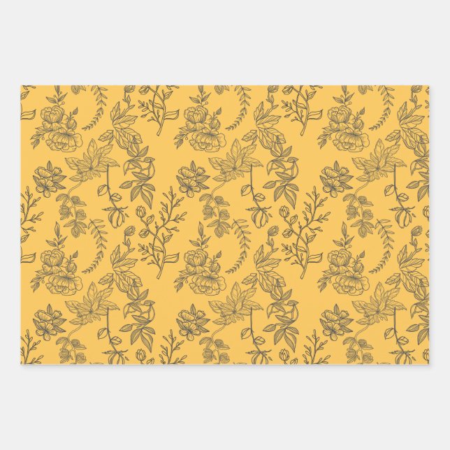 Blumenmuster aus gelbem Französisch Geschenkpapier Set (Vorderseite)