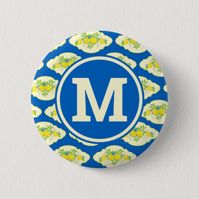 Blumenmuster Blau und Gelb Lemons Blumenmuster Button (Vorderseite)