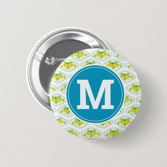 Blumenmuster Blau und Gelb Lemons Blumenmuster Button (Vorne & Hinten)