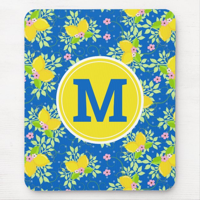 Blumenmuster Blau und Gelb Lemons Blumenmuster Mousepad (Vorne)