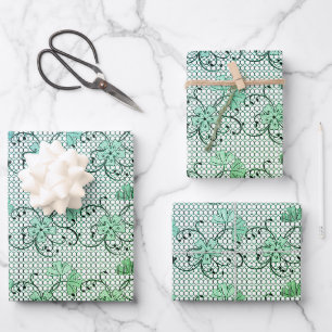 Blumenmuster Blau und Grün Geschenkpapier Set