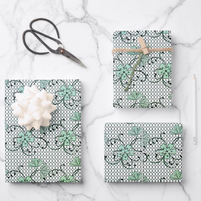 Blumenmuster Blau und Grün Geschenkpapier Set (Vorderseite)