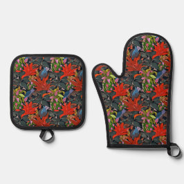 Blumenmuster-Blume Blattrot Rosa Grün Blau Ofenhandschuh & Topflappen-Set