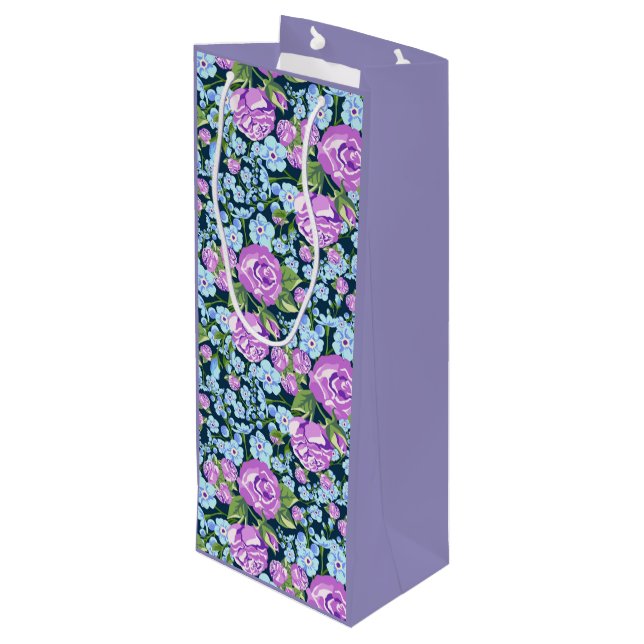 Blumenmuster-Blume in Vollblut Blau Lila Geschenktüte Für Weinflaschen (Rückseite Schrägansicht)