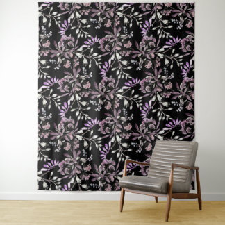 Blumenmuster-Blume Lila schwarzer Hintergrund Wandteppich
