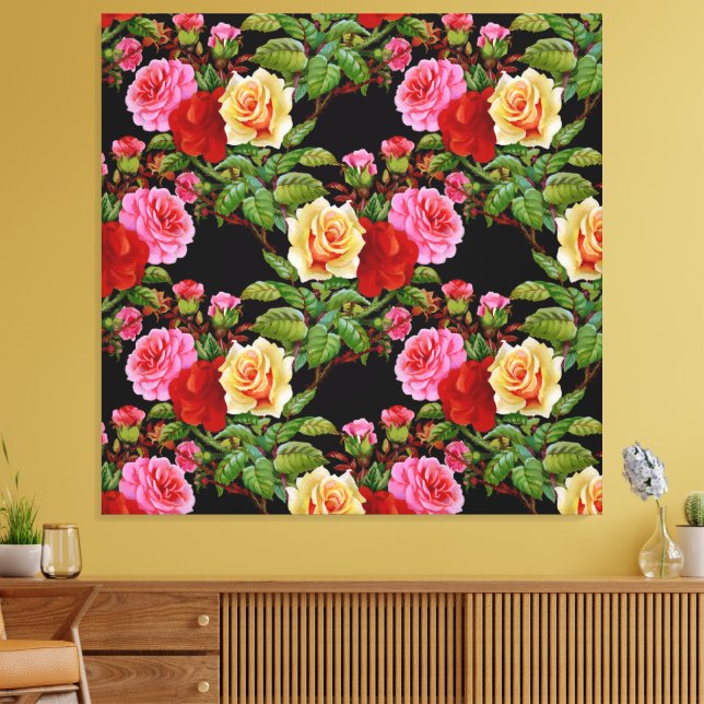 Blumenmuster-Blume Rose Rosa Rosa Gelb Grün Leinwanddruck (Insitu (Wohnzimmer))