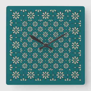 Blumenmuster, Creme, Dunkles Teal: Wanduhr