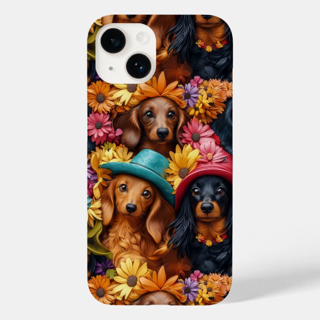 Blumenmuster - Dackel Nahtloses Muster - Hundefreu Case-Mate iPhone 14 Hülle (Rückseite)