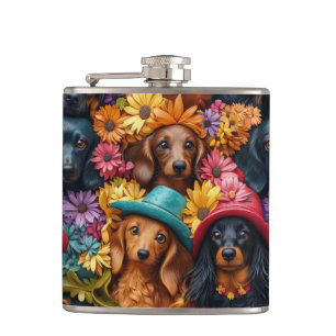 Blumenmuster - Dackel Nahtloses Muster - Hundefreu Flachmann